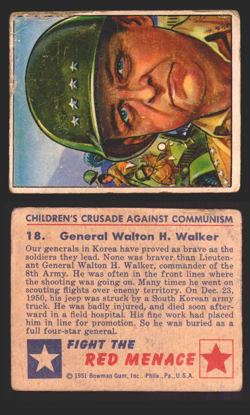 1951 Red Menace Vintage Trading Cards #1-48 You Pick Singles Bowman Gum 18   General Walton H. Walker  - TvMovieCards.com