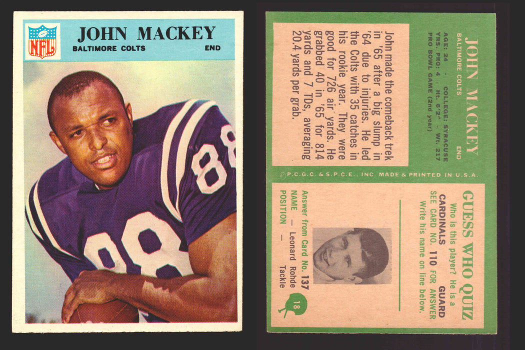 1966 Philadelphia Football NFL Trading Card You Pick Singles #1-#99 VG/EX 18 John Mackey - Baltimore Colts  - TvMovieCards.com