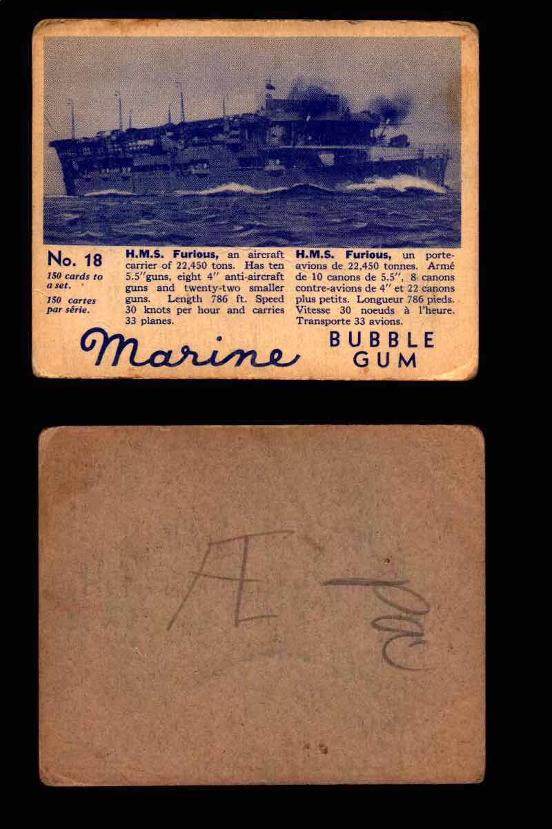1944 Marine Bubble Gum World Wide V403-1 Vintage Trading Card #1-120 Singles #18 H.M.S. Furious  - TvMovieCards.com