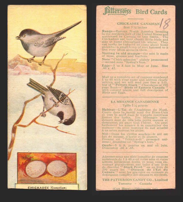 1924 Patterson's Bird Chocolate Vintage Trading Cards U Pick Singles #1-46 18 Chickadee Canadian  - TvMovieCards.com