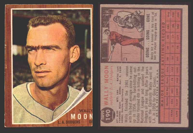 1962 Topps Baseball Trading Card You Pick Singles #100-#199 VG/EX #	190 Wally Moon - Los Angeles Dodgers  - TvMovieCards.com