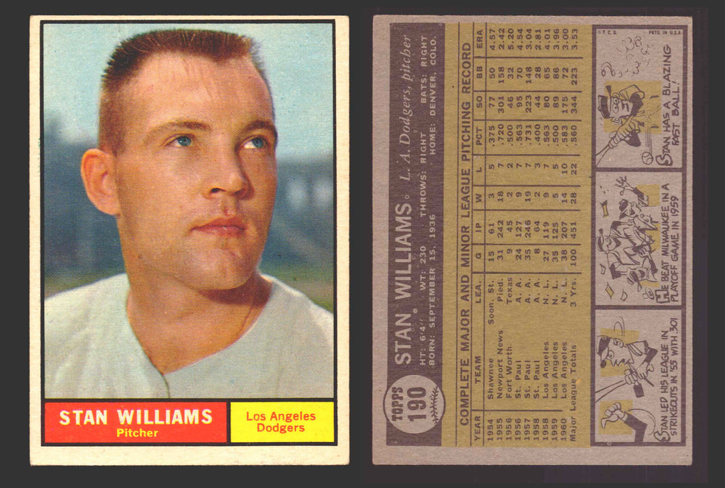 1961 Topps Baseball Trading Card You Pick Singles #100-#199 VG/EX #	190 Stan Williams - Los Angeles Dodgers  - TvMovieCards.com