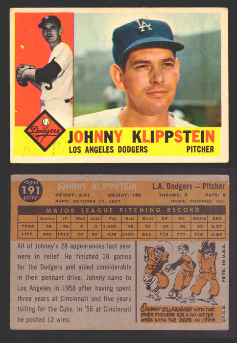 1960 Topps Baseball Trading Card You Pick Singles #1-#250 VG/EX 191 - Johnny Klippstein  - TvMovieCards.com