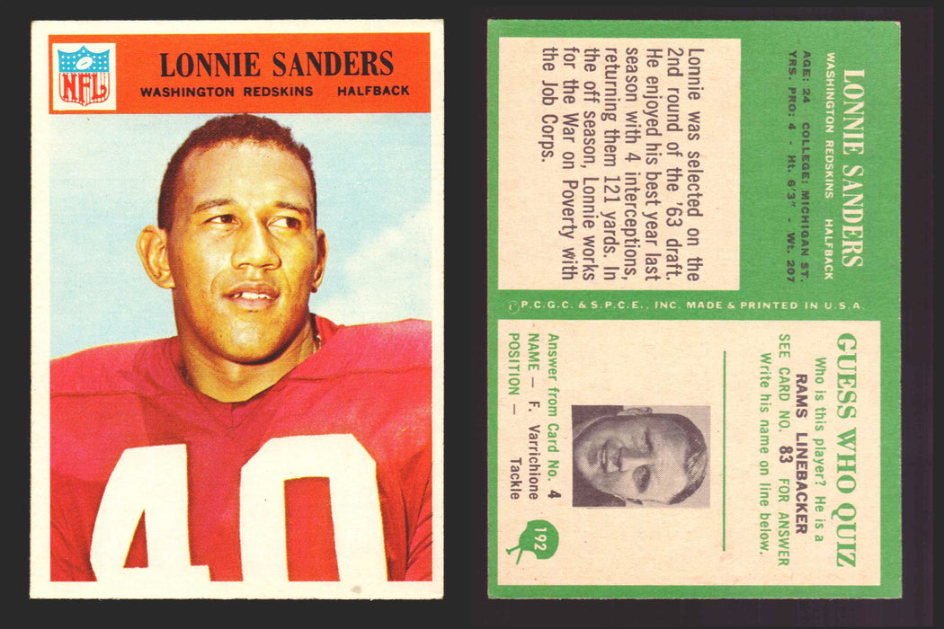 1966 Philadelphia Football NFL Trading Card You Pick Singles #100-196 VG/EX 192 Lonnie Sanders - Washington Redskins  - TvMovieCards.com