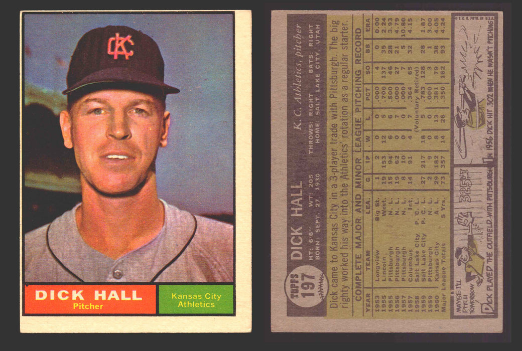 1961 Topps Baseball Trading Card You Pick Singles #100-#199 VG/EX #	197 Dick Hall - Kansas City Athletics  - TvMovieCards.com