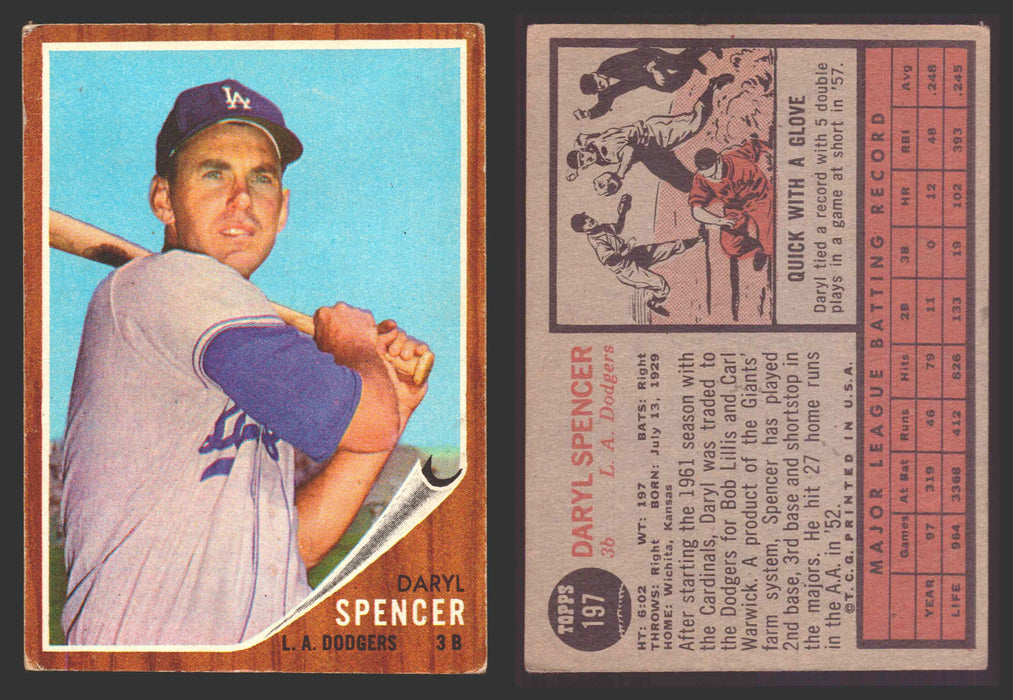 1962 Topps Baseball Trading Card You Pick Singles #100-#199 VG/EX #	197 Daryl Spencer - Los Angeles Dodgers  - TvMovieCards.com