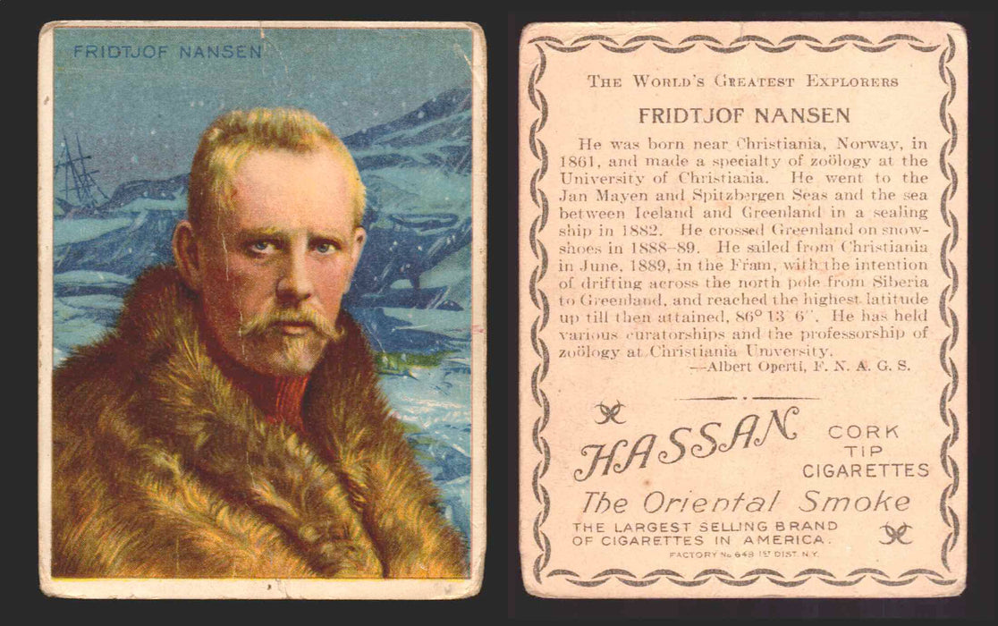 1910 T118 Hassan Cigarettes World's Greatest Explorers Trading Cards Singles #19 Fridtjof Nansen  - TvMovieCards.com