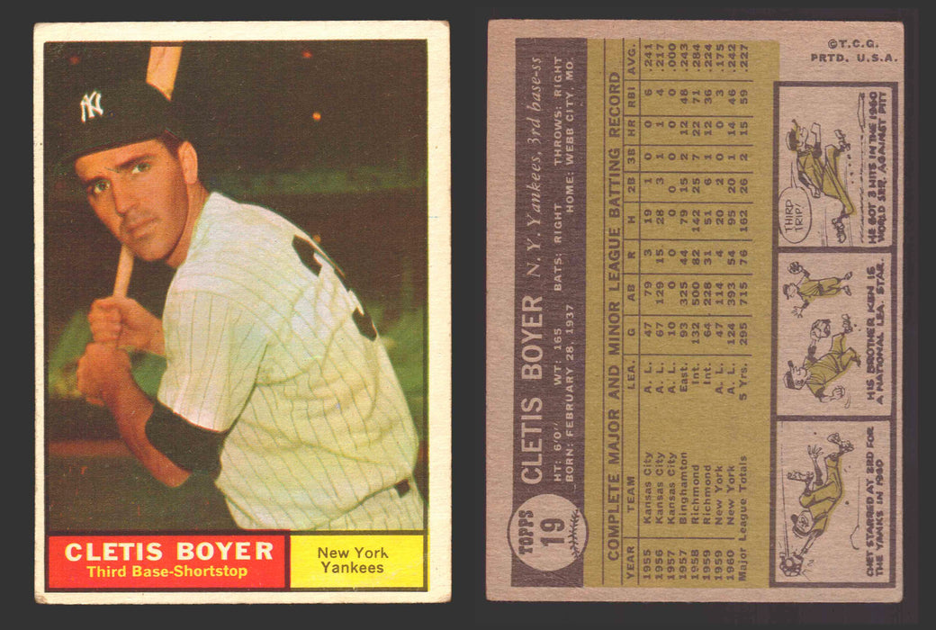 1961 Topps Baseball Trading Card You Pick Singles #1-#99 VG/EX #	19 Clete Boyer - New York Yankees  - TvMovieCards.com