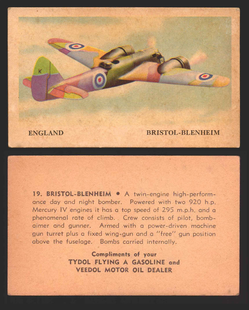 1940 Tydol Aeroplanes Flying A Gasoline You Pick Single Trading Card #1-40 #	19	Bristol-Blenheim  - TvMovieCards.com