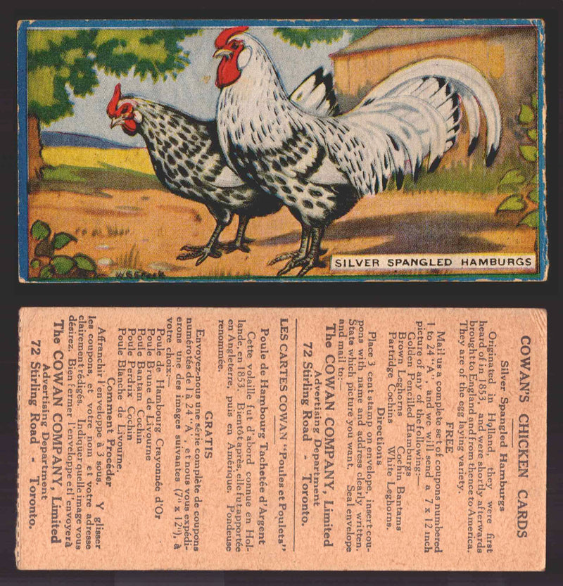 1924 V12 Cowans Chicken Pictures Vintage Trading Cards You Pick Singles #1-24 #19 Silver Spangled Hamburgs  - TvMovieCards.com