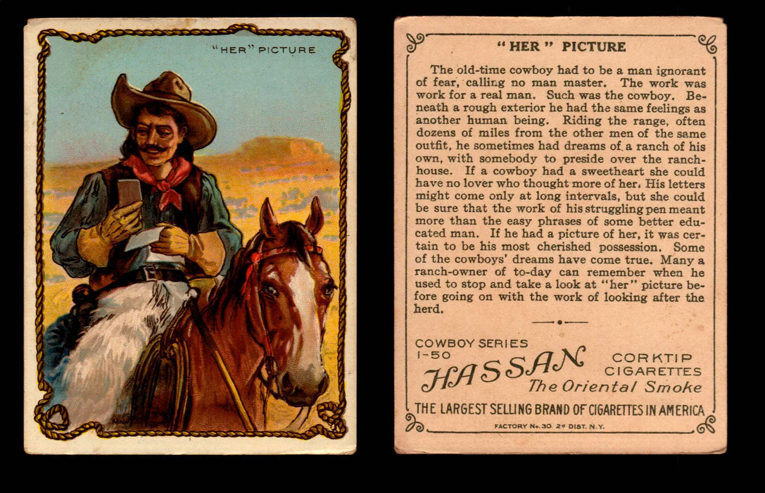 1909 T53 Hassan Cigarettes Cowboy Series #1-50 Trading Cards Singles #19 Her Picture  - TvMovieCards.com