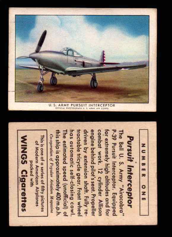 1940 Modern American Airplanes Series 1 Vintage Trading Cards Pick Singles #1-50 1 U.S. Army Pursuit Interceptor (Bell P-39 “Airacobra”)  - TvMovieCards.com