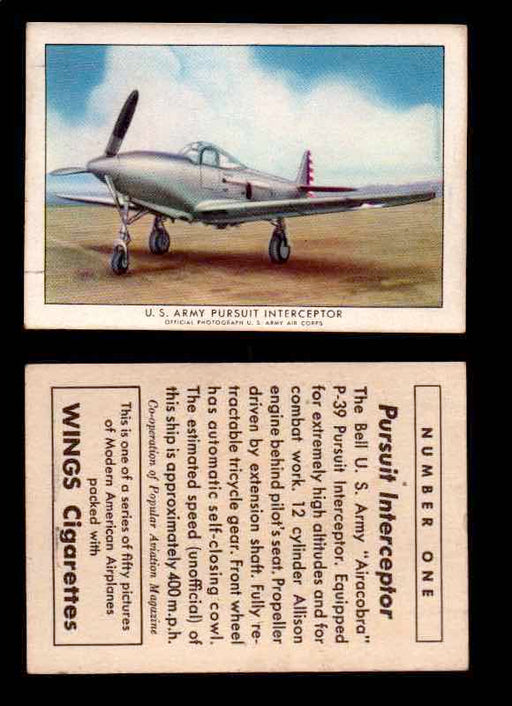 1940 Modern American Airplanes Series 1 Vintage Trading Cards Pick Singles #1-50 1 U.S. Army Pursuit Interceptor (Bell P-39 “Airacobra”)  - TvMovieCards.com