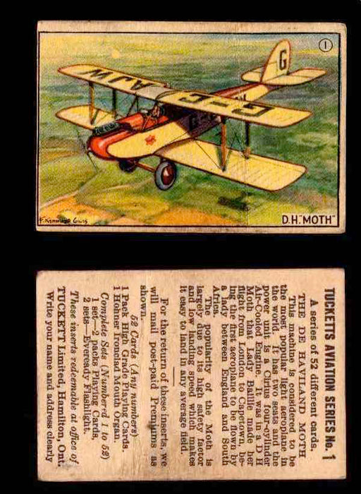 1929 Tucketts Aviation Series 1 Vintage Trading Cards You Pick Singles #1-52 #1 The de Havilland "Moth"  - TvMovieCards.com