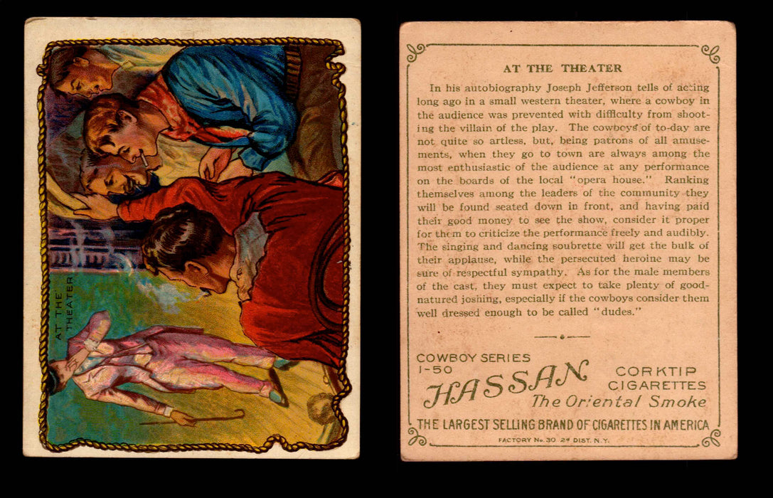 1909 T53 Hassan Cigarettes Cowboy Series #1-50 Trading Cards Singles #1 At The Theater  - TvMovieCards.com