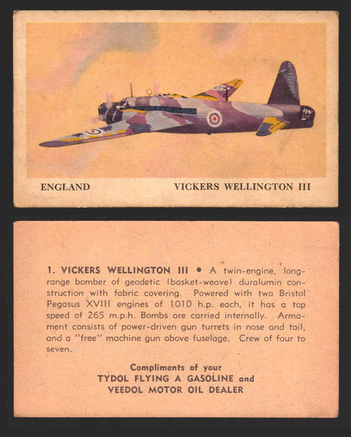 1940 Tydol Aeroplanes Flying A Gasoline You Pick Single Trading Card #1-40 #	1	Vickers Wellington III  - TvMovieCards.com