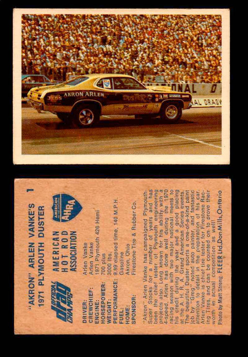 AHRA Official Drag Champs 1971 Fleer Canada Trading Cards You Pick Singles #1-63 1   "Akron" Arlen Vanke's                            1971 Plymouth Duster  - TvMovieCards.com