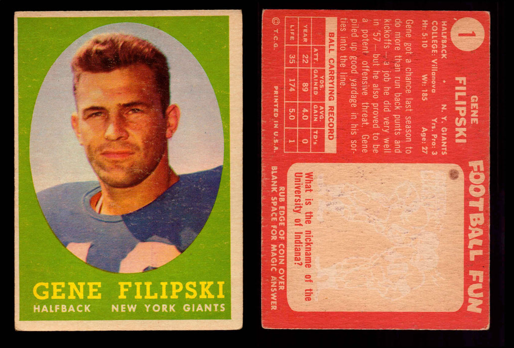 1958 Topps Football Trading Card You Pick Singles #1-#132 VG/EX #	1	Gene Filipski (R)  - TvMovieCards.com
