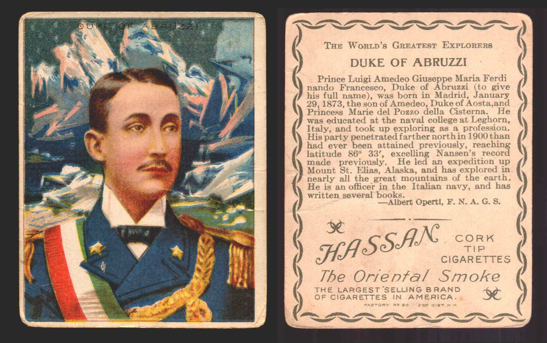 1910 T118 Hassan Cigarettes World's Greatest Explorers Trading Cards Singles #1 Duke of Abruzzi  - TvMovieCards.com