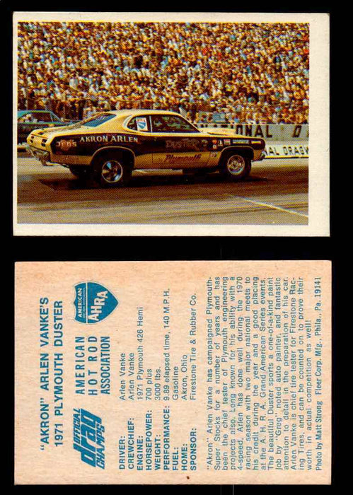 AHRA Official Drag Champs 1971 Fleer Vintage Trading Cards You Pick Singles 1   "Akron" Arlen Vanke's                            1971 Plymouth Duster  - TvMovieCards.com