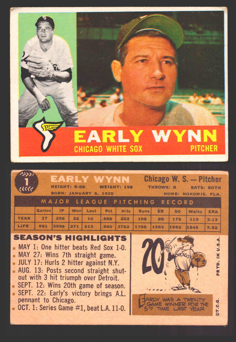 1960 Topps Baseball Trading Card You Pick Singles #1-#250 VG/EX 1 - Early Wynn (creased)  - TvMovieCards.com