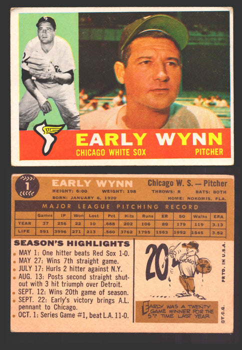 1960 Topps Baseball Trading Card You Pick Singles #1-#250 VG/EX 1 - Early Wynn (creased)  - TvMovieCards.com