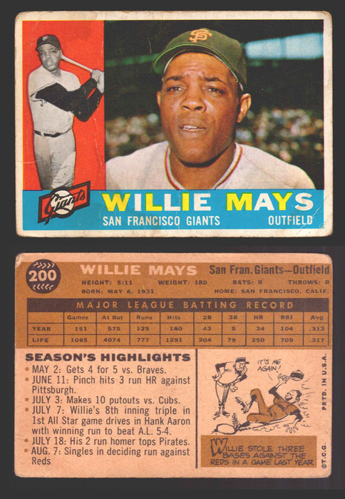 1960 Topps Baseball Trading Card You Pick Singles #1-#250 VG/EX 200 - Willie Mays  - TvMovieCards.com