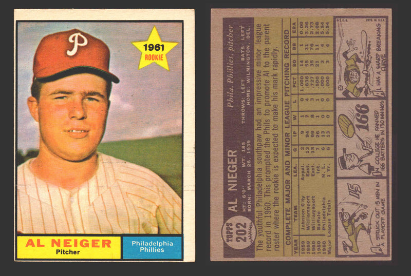 1961 Topps Baseball Trading Card You Pick Singles #200-#299 VG/EX #	202 Al Neiger - Philadelphia Phillies RC  - TvMovieCards.com
