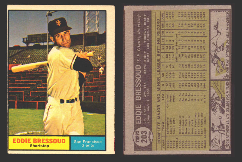 1961 Topps Baseball Trading Card You Pick Singles #200-#299 VG/EX #	203 Eddie Bressoud - San Francisco Giants  - TvMovieCards.com