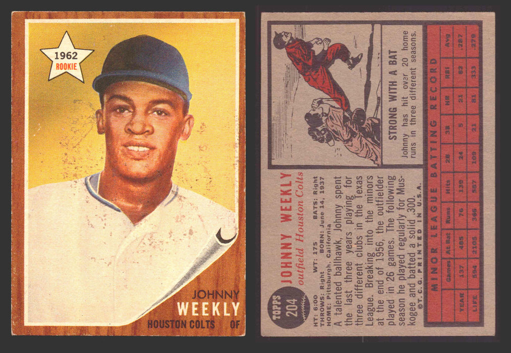 1962 Topps Baseball Trading Card You Pick Singles #200-#299 VG/EX #	204 Johnny Weekly - Houston Colt .45's RC  - TvMovieCards.com