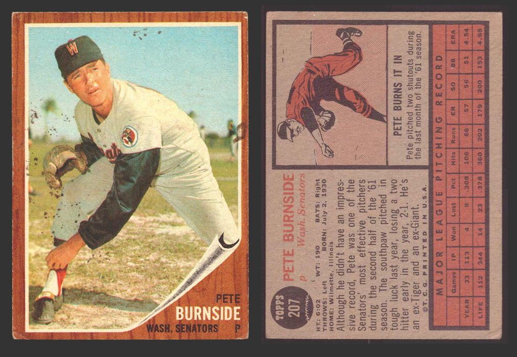 1962 Topps Baseball Trading Card You Pick Singles #200-#299 VG/EX #	207 Pete Burnside - Washington Senators  - TvMovieCards.com