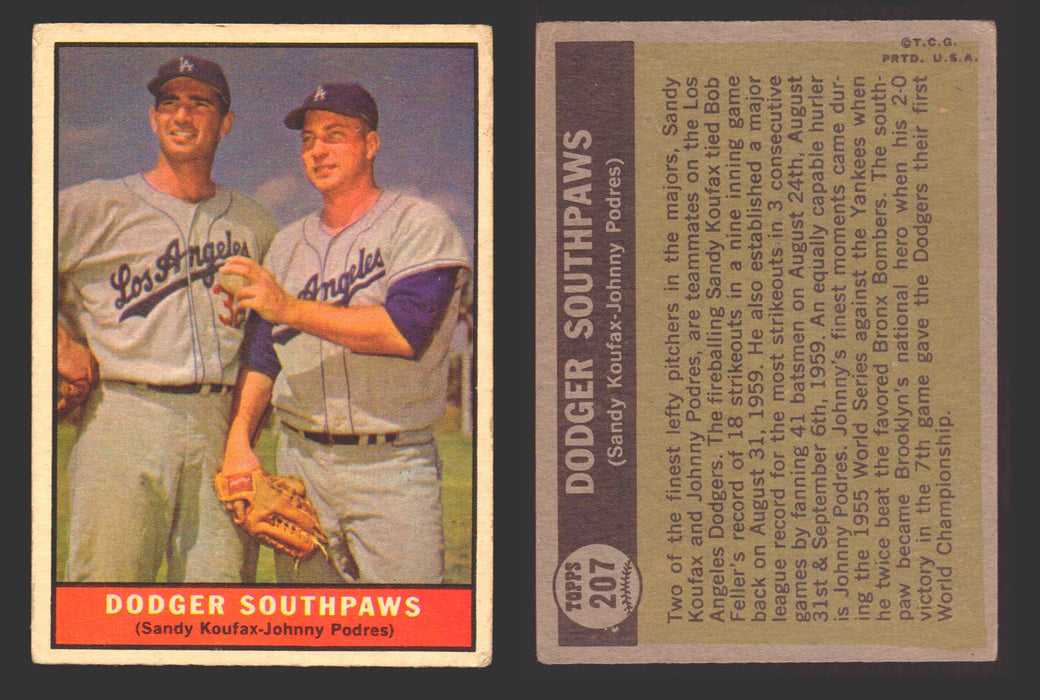 1961 Topps Baseball Trading Card You Pick Singles #200-#299 VG/EX #	207 Dodger Southpaws - Sandy Koufax / Johnny Podres  - TvMovieCards.com