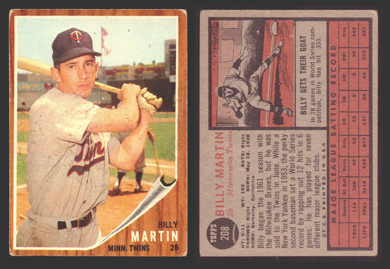 1962 Topps Baseball Trading Card You Pick Singles #200-#299 VG/EX #	208 Billy Martin - Minnesota Twins  - TvMovieCards.com