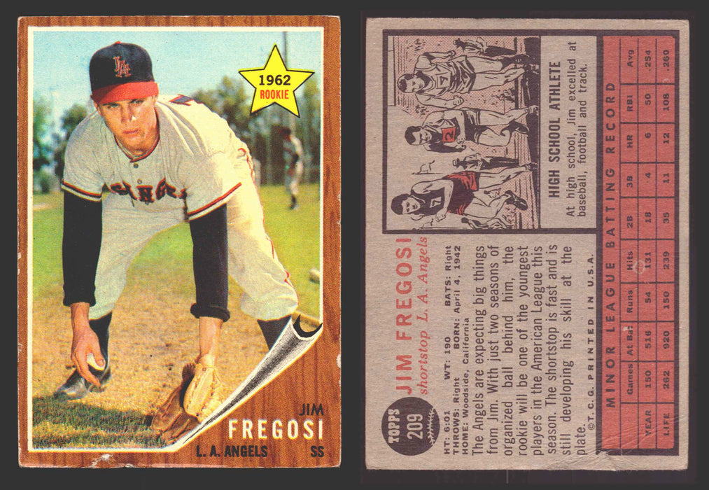 1962 Topps Baseball Trading Card You Pick Singles #200-#299 VG/EX #	209 Jim Fregosi - Los Angeles Angels RC (damaged)  - TvMovieCards.com