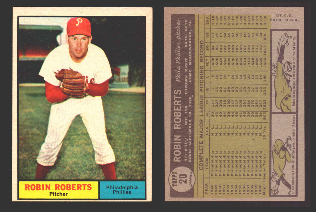 1961 Topps Baseball Trading Card You Pick Singles #1-#99 VG/EX #	20 Robin Roberts - Philadelphia Phillies  - TvMovieCards.com