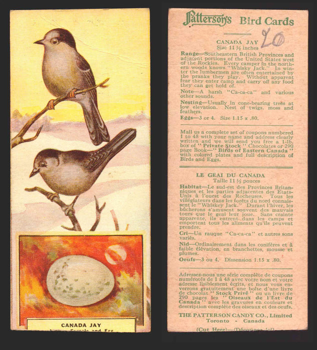 1924 Patterson's Bird Chocolate Vintage Trading Cards U Pick Singles #1-46 20 Canada Jay  - TvMovieCards.com