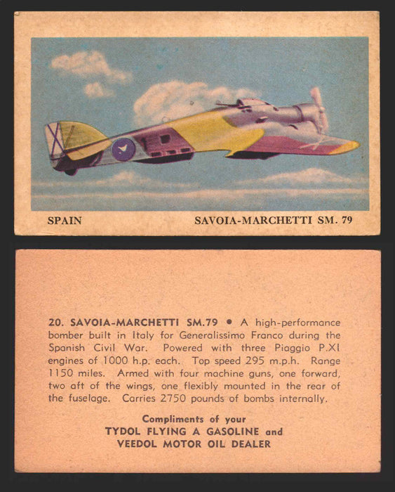 1940 Tydol Aeroplanes Flying A Gasoline You Pick Single Trading Card #1-40 #	20	Savoia-Marchetti SM.79  - TvMovieCards.com
