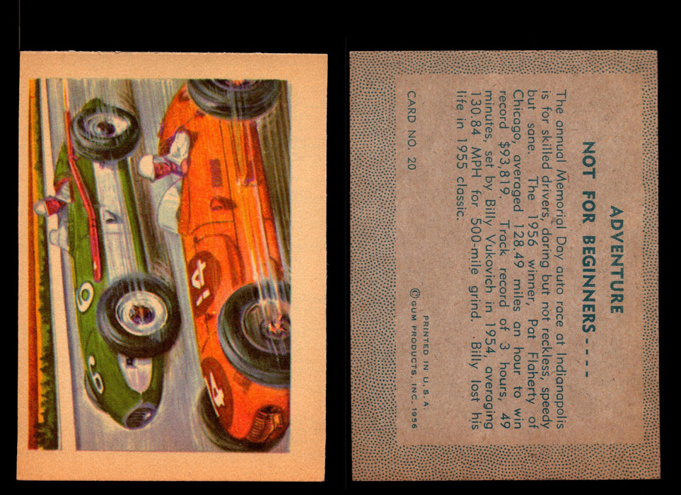 1956 Adventure Vintage Trading Cards Gum Products #1-#100 You Pick Singles #20 Indianapolis 500 / Not for Beginners  - TvMovieCards.com