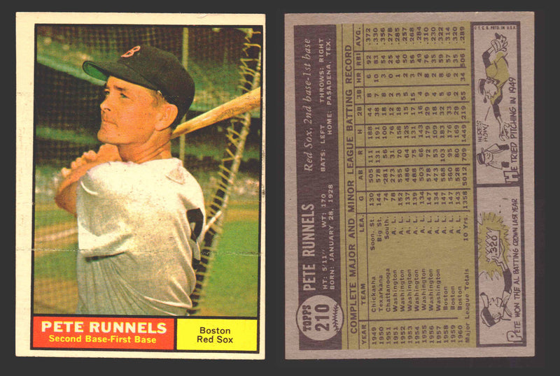 1961 Topps Baseball Trading Card You Pick Singles #200-#299 VG/EX #	210 Pete Runnels - Boston Red Sox  - TvMovieCards.com