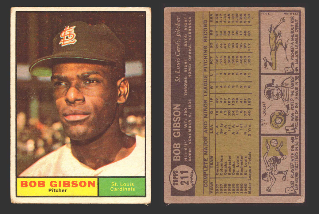 1961 Topps Baseball Trading Card You Pick Singles #200-#299 VG/EX #	211 Bob Gibson - St. Louis Cardinals  - TvMovieCards.com