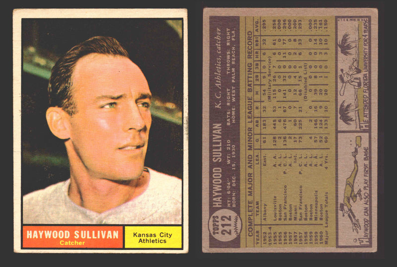 1961 Topps Baseball Trading Card You Pick Singles #200-#299 VG/EX #	212 Haywood Sullivan - Kansas City Athletics  - TvMovieCards.com