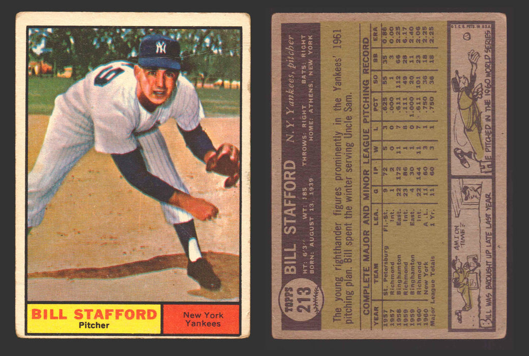 1961 Topps Baseball Trading Card You Pick Singles #200-#299 VG/EX #	213 Bill Stafford - New York Yankees RC  (creased)  - TvMovieCards.com