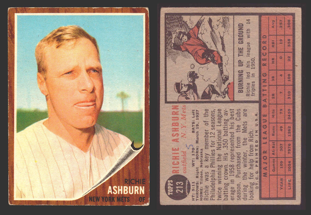1962 Topps Baseball Trading Card You Pick Singles #200-#299 VG/EX #	213 Richie Ashburn - New York Mets (marked)  - TvMovieCards.com