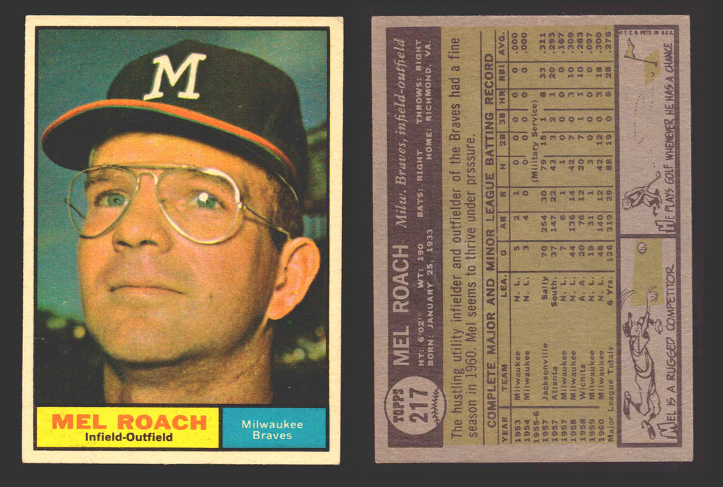 1961 Topps Baseball Trading Card You Pick Singles #200-#299 VG/EX #	217 Mel Roach - Milwaukee Braves  (creased)  - TvMovieCards.com