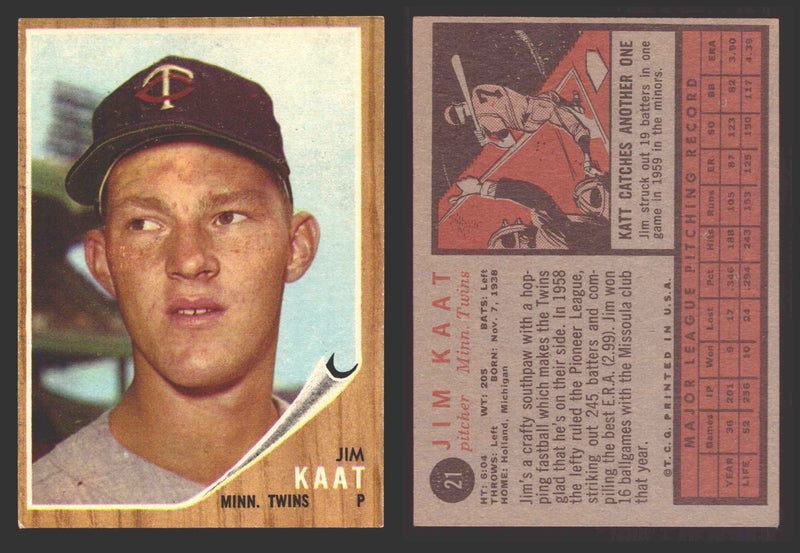 1962 Topps Baseball Trading Card You Pick Singles #1-#99 VG/EX #	21 Jim Kaat - Minnesota Twins  - TvMovieCards.com