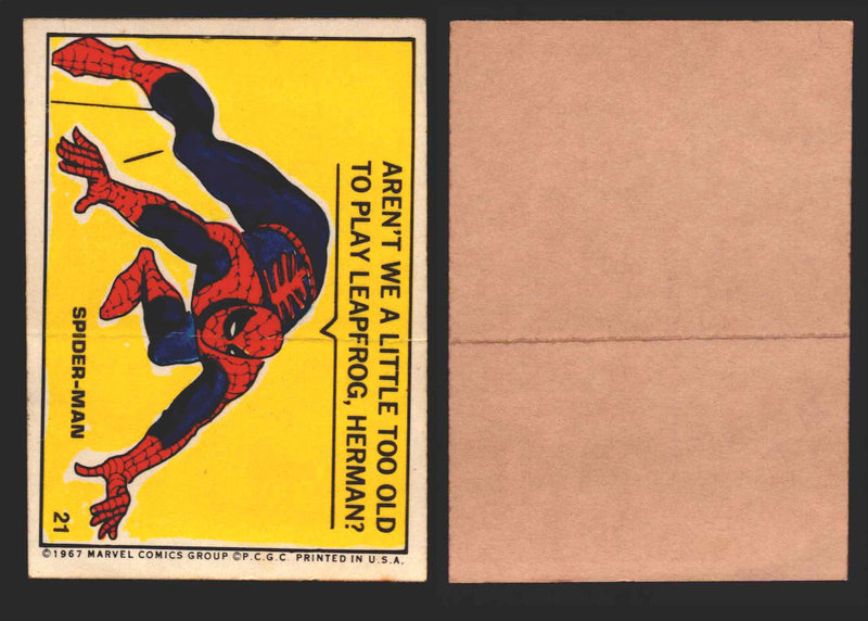 1967 Philadelphia Gum Marvel Super Hero Stickers Vintage You Pick Singles #1-55 21   Spider-Man - Aren't we a little too old to be playing leapfrog Herman?  - TvMovieCards.com
