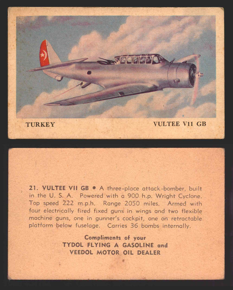 1940 Tydol Aeroplanes Flying A Gasoline You Pick Single Trading Card #1-40 #	21	Vultee VII GB  - TvMovieCards.com
