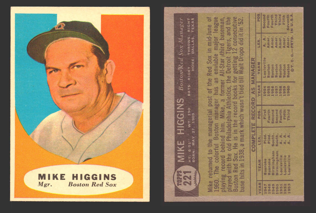 1961 Topps Baseball Trading Card You Pick Singles #200-#299 VG/EX #	221 Mike Higgins - Boston Red Sox (creased)  - TvMovieCards.com