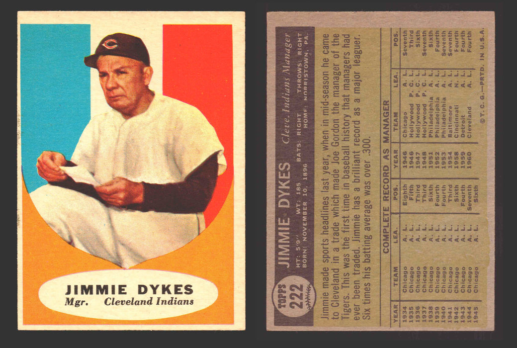 1961 Topps Baseball Trading Card You Pick Singles #200-#299 VG/EX #	222 Jimmie Dykes - Cleveland Indians  - TvMovieCards.com