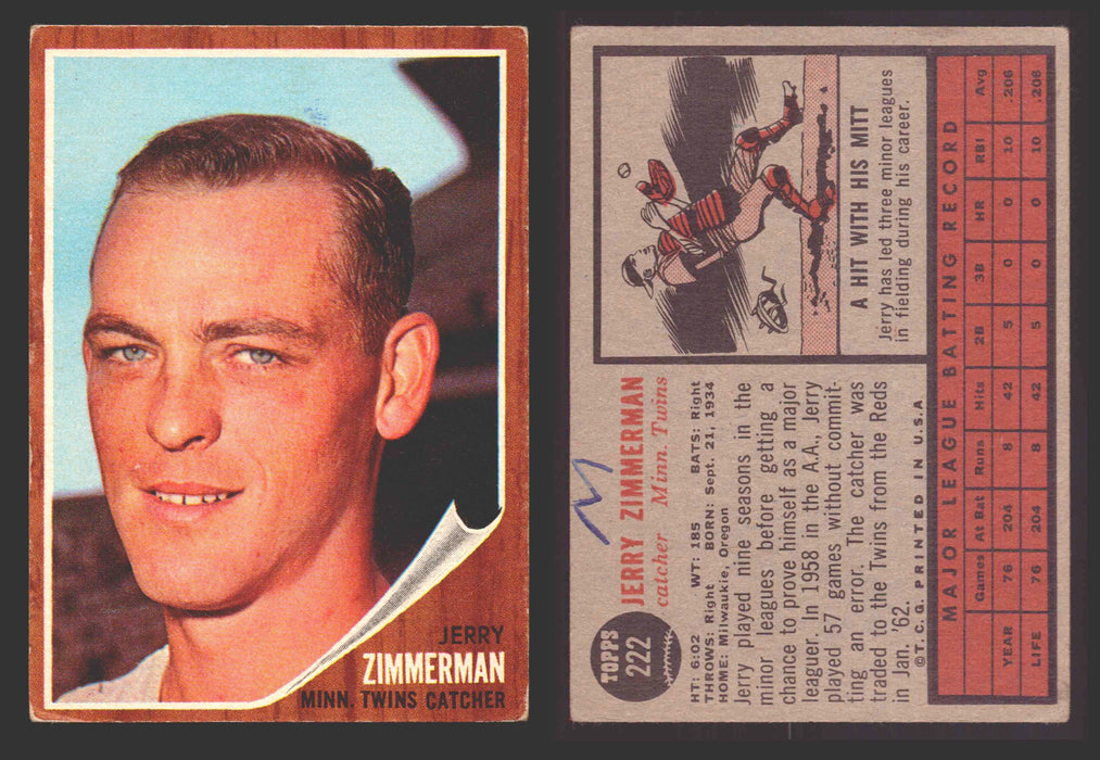 1962 Topps Baseball Trading Card You Pick Singles #200-#299 VG/EX #	222 Jerry Zimmerman - Minnesota Twins (marked)  - TvMovieCards.com